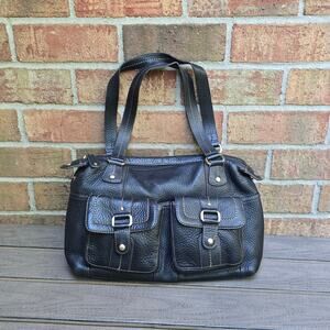 Black Fossil Purse Pebbled Leather Double Handle Satchel Exterior Pockets y2k